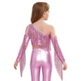 thumbnail image 3 of Hansber Girl's Jazz Hip Hop Dance Crop Top Long Sleeve Tassels Cold Shoulder Sequin Blouse Fringe Shirts Pink 6, 3 of 6
