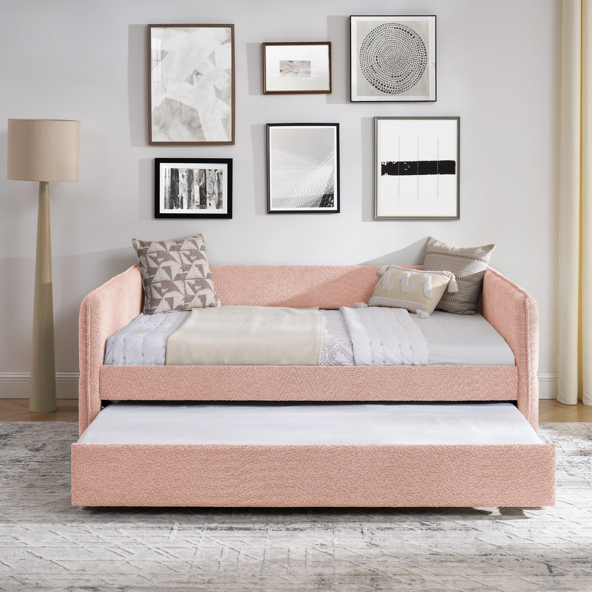 Mintazer Full Upholstered Daybed with Trundle, Boucle Fabric Sofa Bed for Living Room & Bedroom, Pink