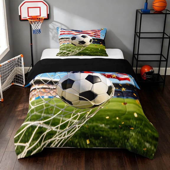 Manfei Sports Football Twin Comforter Sets, American Flag Bedding Set, Red White Green, Black Reversible 2pcs 1 Comforter and 1 Pillowcase
