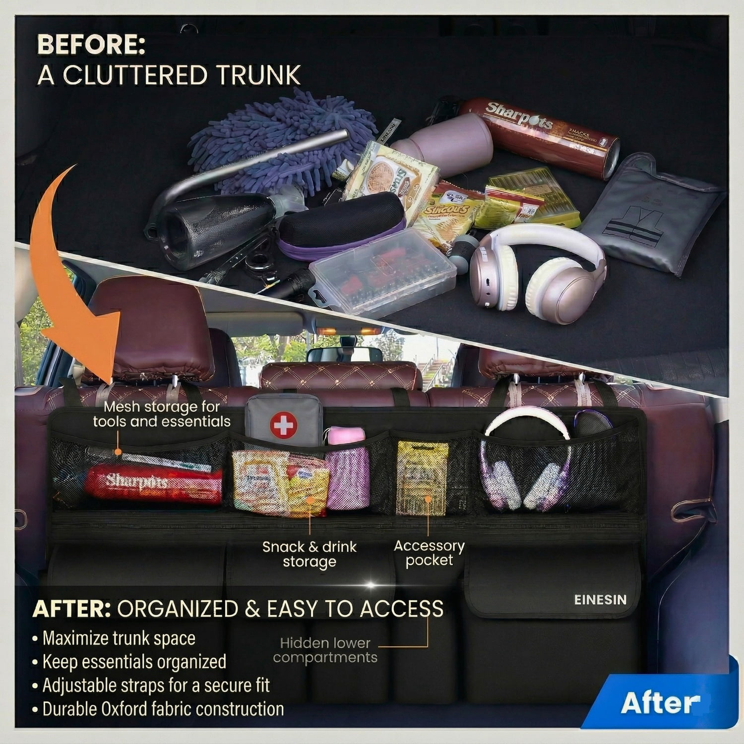 Car Trunk Organizer 9 Pockets Backseat Hanging Storage Bag SUV 41x20in