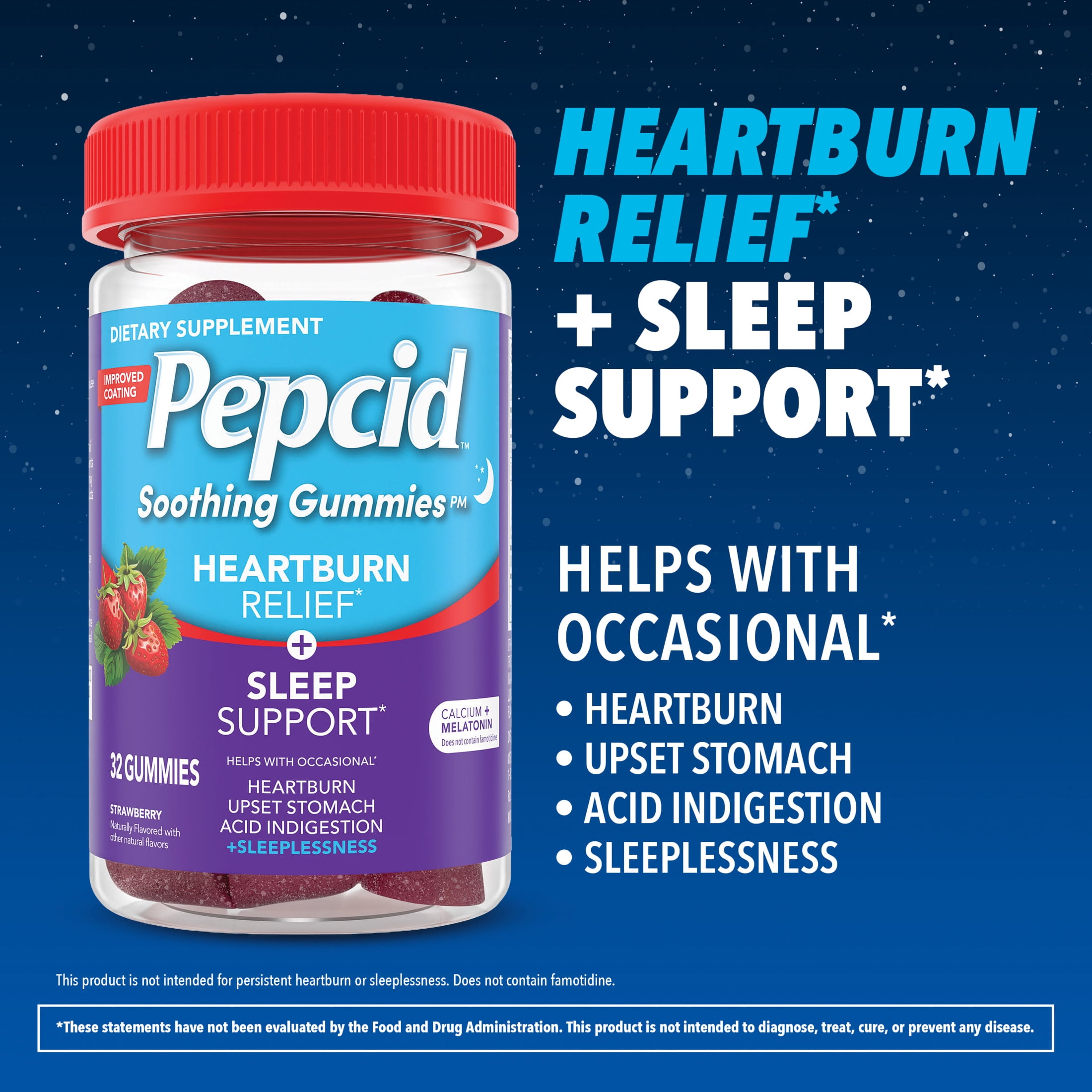 Pepcid Soothing Gummies, Heartburn + Sleep, Strawberry, 32 Count