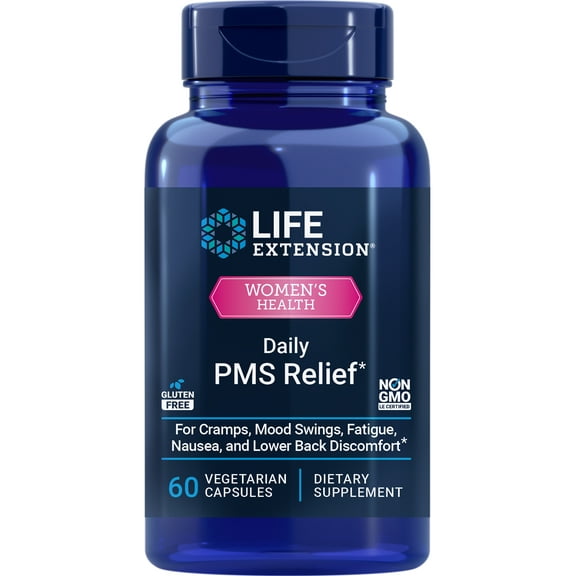 Life Extension Daily PMS Relief, menstrual comfort supplement, PMS-related cramps, lower back discomfort, mood, ginger, magnesium, B6, gluten-free, non-GMO, 60 capsules