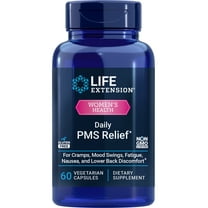 Life Extension Daily PMS Relief, menstrual comfort supplement, PMS-related cramps, lower back discomfort, mood, ginger, magnesium, B6, gluten-free, non-GMO, 60 capsules