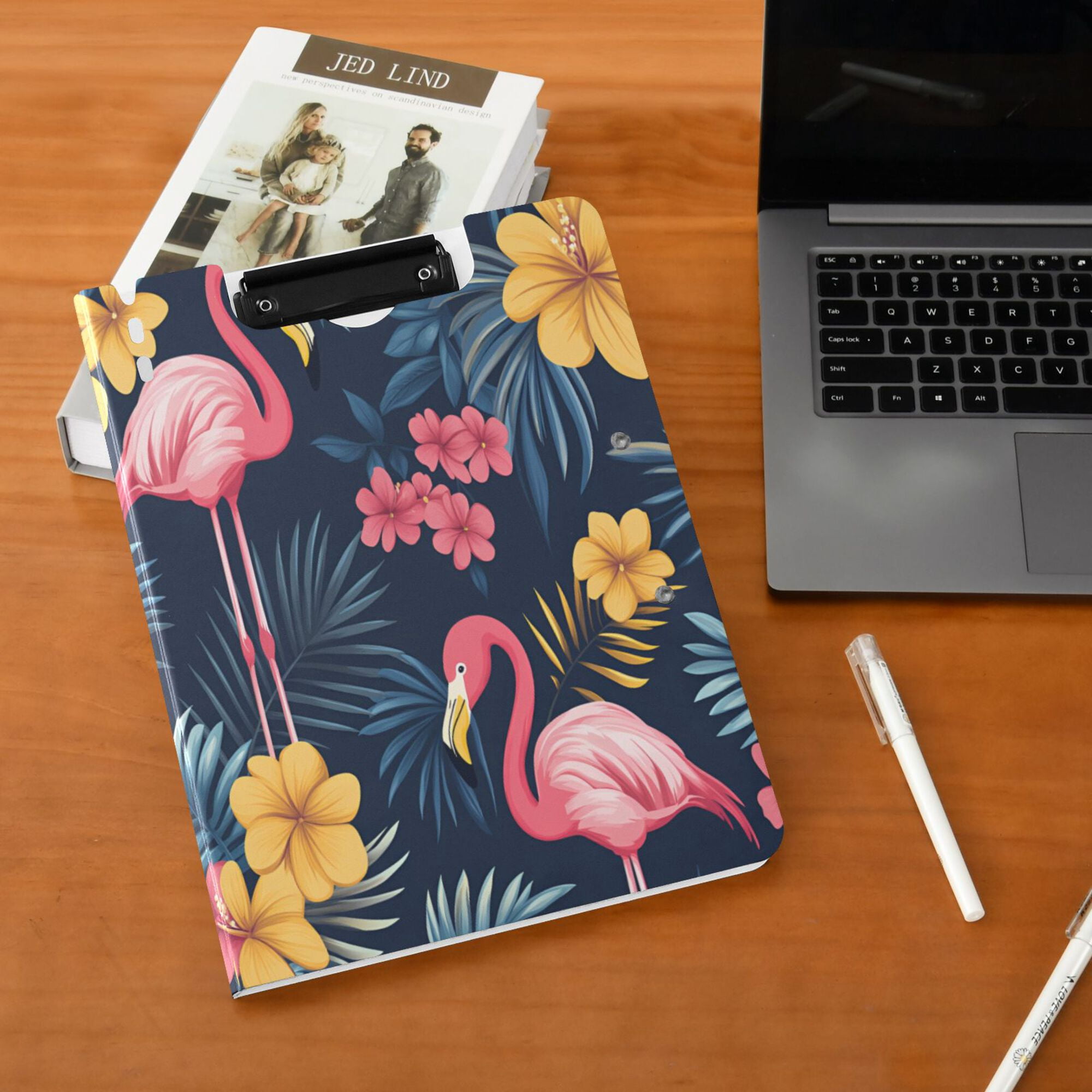 FORMRS A4 Clipboard Folder with Pen Holder Horizontal Foldable School Office Binder, Red Floral Flamingo