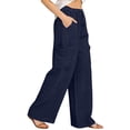 thumbnail image 4 of LEAVINGSUO Cargo Pants Women Linen Wide Leg Work Pants with Elastic Drawstring Waistband Casual Pants with Pockets Navy XL, 4 of 7