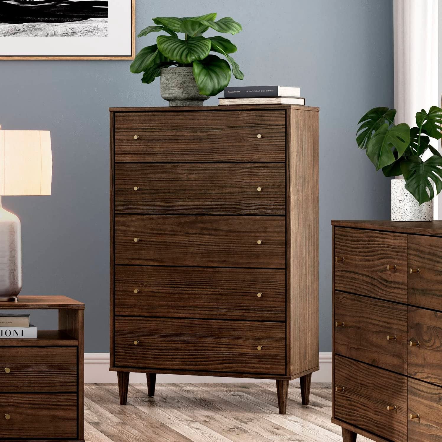 Grain Wood Furniture Mid Century 5-Drawer Chest, Brushed Walnut