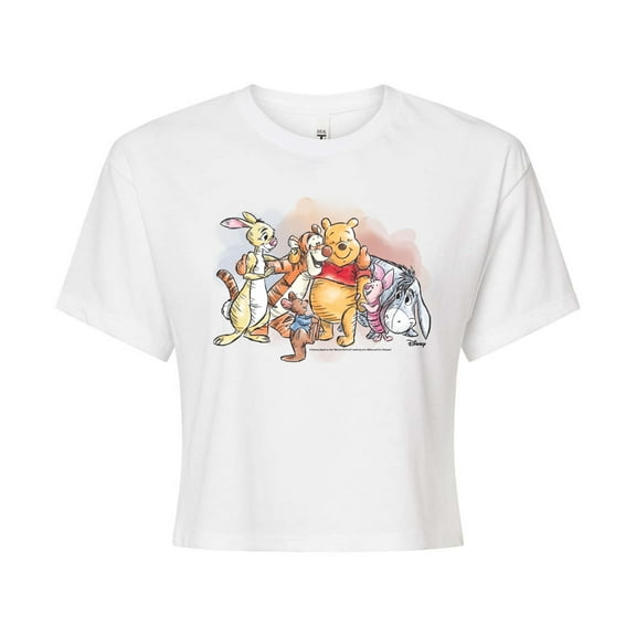 Disney - Pooh And Group Watercolor - Juniors Cropped Cotton Blend T-Shirt