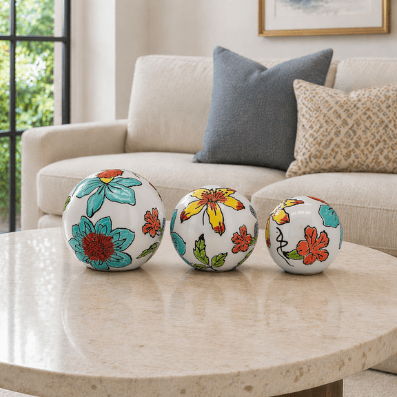 Ceramic Floral Orbs for Home and Bathroom Decor - Boho Accent for Office, Living Room, and Shelf Display - Ornaments for Console and Coffee Table - Set of 3, 6", 5", 4", White & Blue