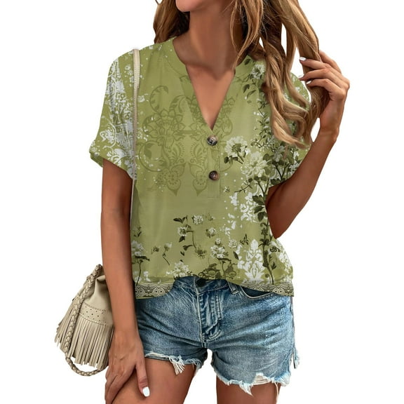kytmyeq Women's Summer Fashion Short Sleeve Vintage Floral Printed Button T-Shirt Top