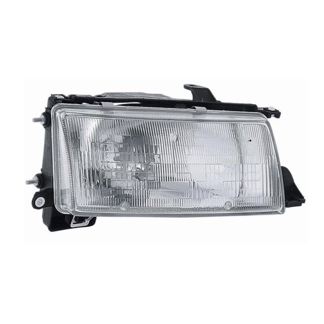 faro depo toyota tercel 1991 - 1994 copiloto faro delantero derecho DEPO para Toyota Tercel 1991-1994, vista 3/4 frontal mostrando lente rectangular estriada, reflector interno, carcasa negra con soportes de montaje visibles; a menudo usado como repuesto en restauraciones de modelos clásicos.