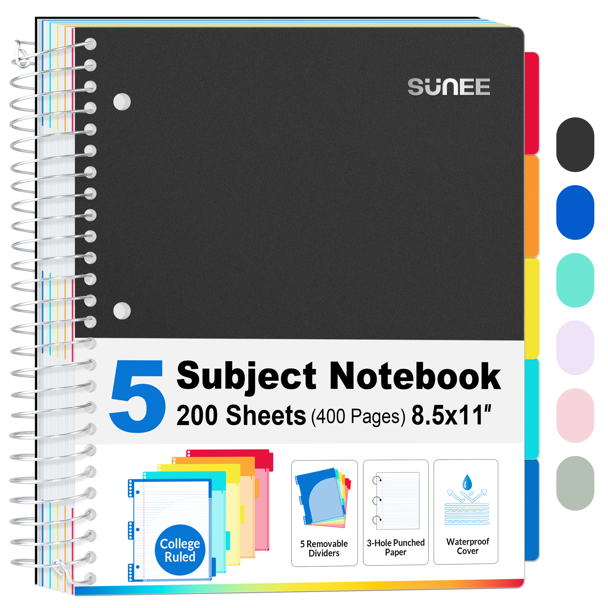 Sunee 5-Subject Spiral Notebook, College Ruled, 400 Pages photo 2