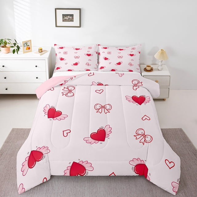 Erosebridal Ensemble de Literie Rose avec Nœud Papillon, Ensemble de Couette Simple, Imprimé Cœur d'Amour, Couette en Duvet avec Ailes, Décor de Princesse Rêveuse, Réversible, Léger, 2 Pcs
