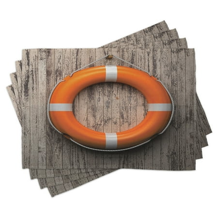 

Buoy Placemats Set of 4 Life Buoy Attached to a Wooden Wall Hardwood with Grunge Rustic Aged Look Print Washable Fabric Place Mats for Dining Room Kitchen Table Decor Tan Orange White by Ambesonne
