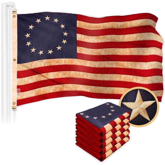 G128 5 Pack: Betsy Ross Tea-Stained Flag | 6x10 Ft | ToughWeave Pro Series Embroidered 420D Polyester | Historical Flag, Embroidered Design, Indoor/Outdoor, Brass Grommets, High Quality