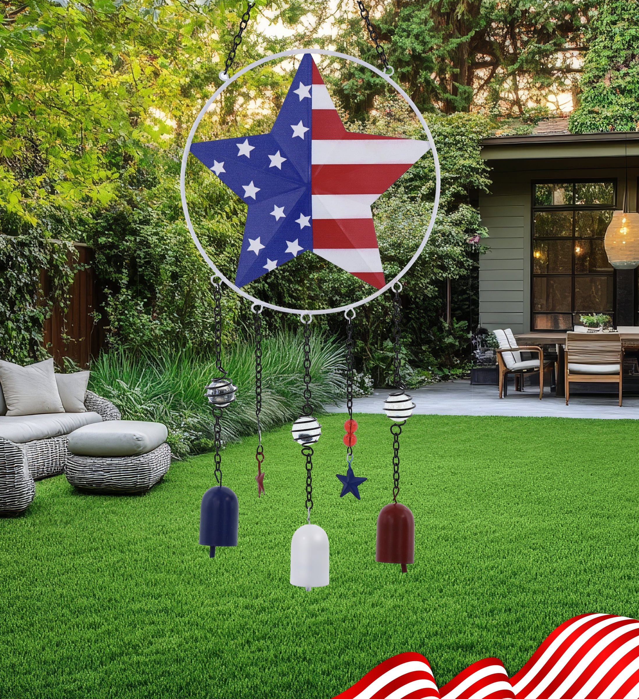 CoTa Global USA Flag Star Wind Chime - American Flag Patriotic Indoor or Outdoor Windchime Home Decor with Hanging Bells, Handcrafted Glass and Metal Wind Chimes for Yard, Garden, Porch - 24 Inch