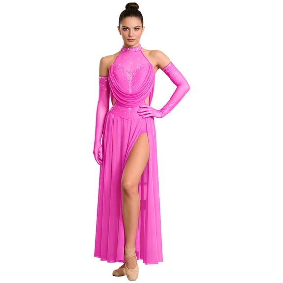 Hansber Women Halter Sleeveless Shiny Rhinestones Slit Hem Mesh Leotard Dress Modern Contemporary Dancewear Hot Pink S