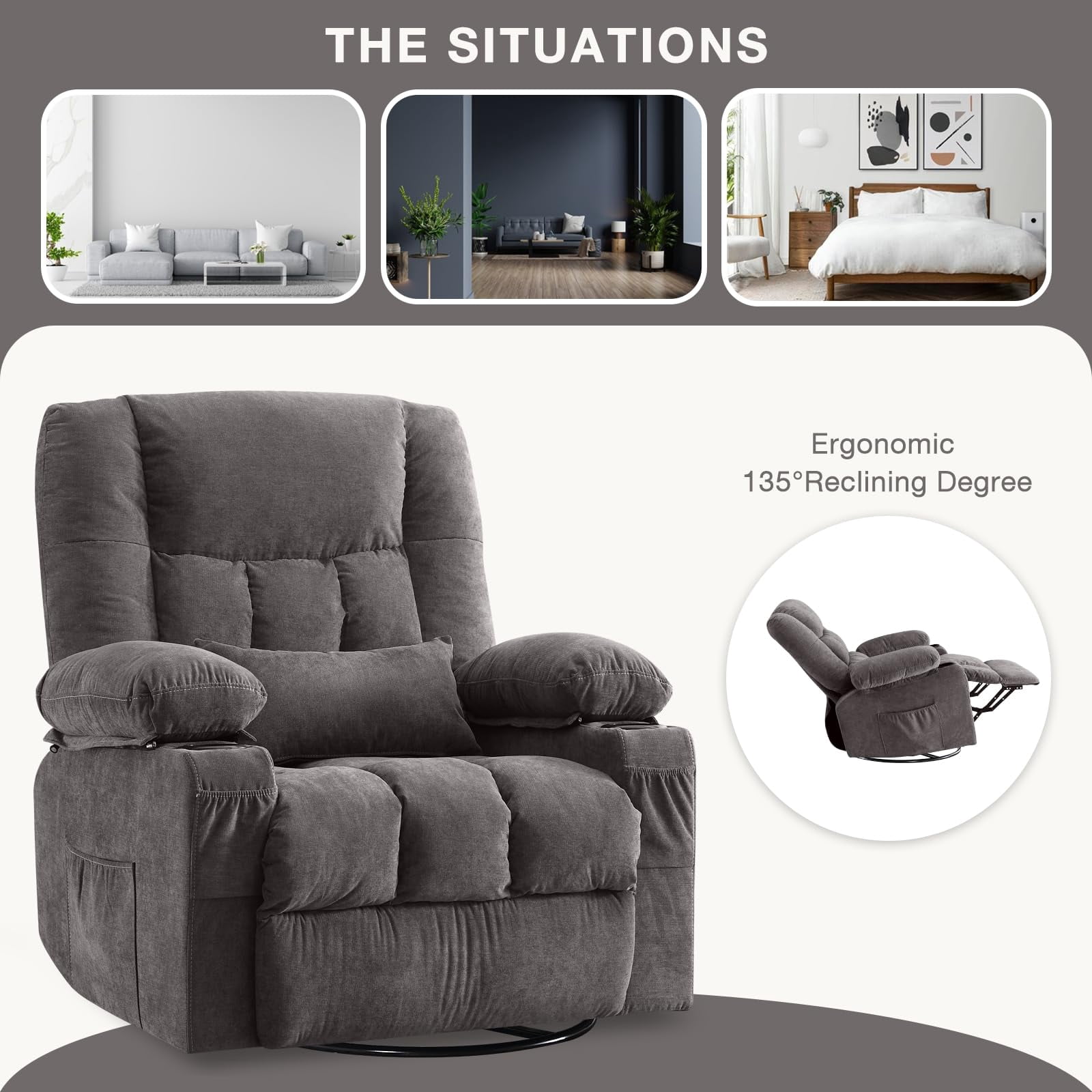 Oversized Massage Recliner Chair for Elderly,Modern Living Room Electric Rocking & Reclining Chairs with with Heat, 8-Point Vibration,USB Charger and Cup Holders, Plush Velvet Single Sofa, Grey