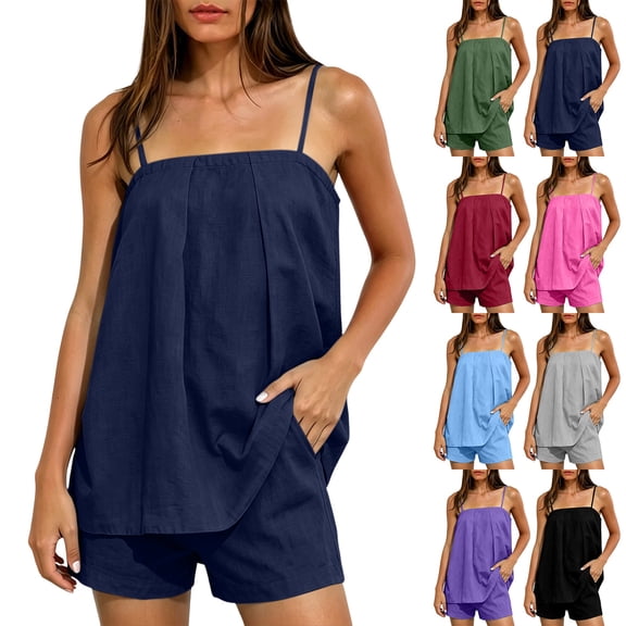 akafmk Shorts Sets for Women 2 Piece Summer Linen Camisole Top and Shorts with Pockets Homewear Sleepwear Pajamas Casual Outfits