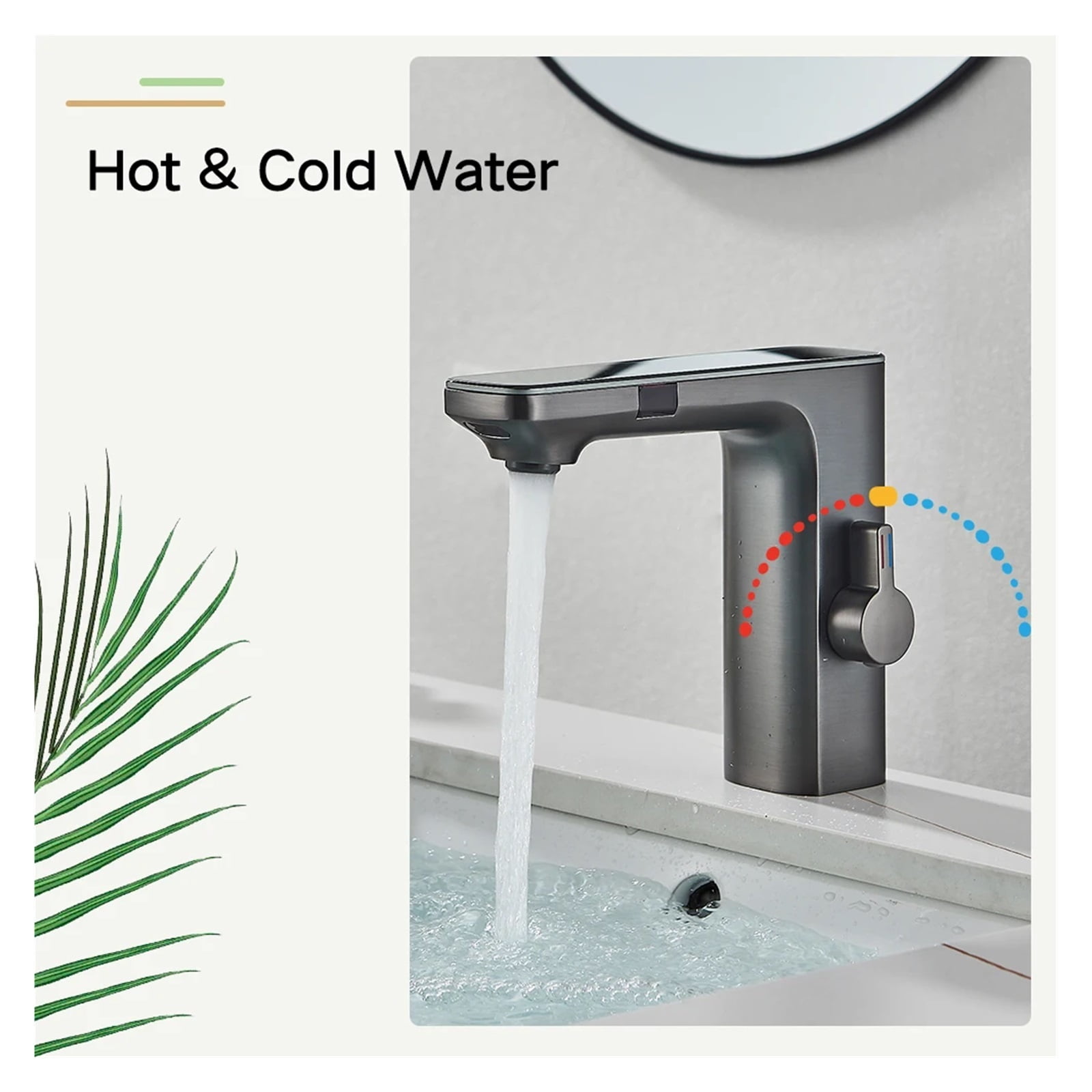 Touchless Sensor Basin Faucet, Brass Smart Digital Display Bathroom Sink Faucet, Grey Sense Hot Cold Water Mixer Tap Battery Power