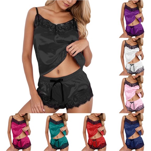 Wxolcjlv Womens Solid Satin Pajama Set Lace Spaghetti Strap Top Shorts Sleepwear Nightwear