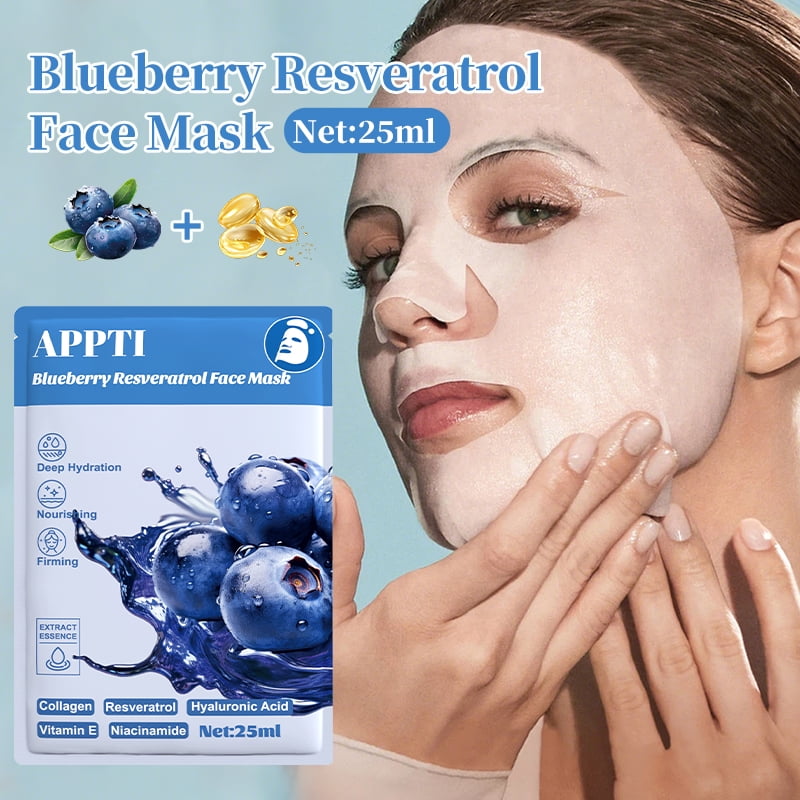 20PCS APPTI Blueberry Resveratrol Face Mask – Antioxidant & Revitalizing Treatment for Youthful Defense, Brightening Dull Skin & Enhancing Radiance with Berry Power.