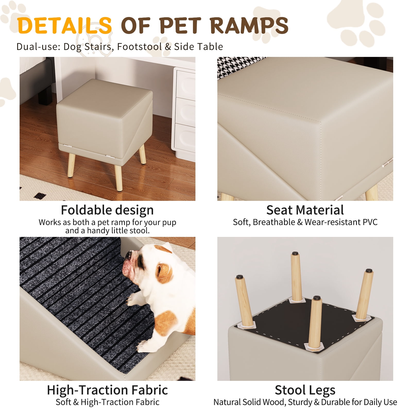 Dog Ramp for Bed & Couch, Dog Stairs 22.83 inches High for Large/Medium/Small Doggie, Foldable 2 in 1 Wooden Pet Steps for Older and Injured Dogs, Split Ottoman Design, Non-Slip Surface (Light Grey)