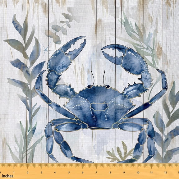 Crab Fabric by the Yards,Marine Sealife Organism Indoor Outdoor Fabric for Sewing,Wild Coral Reptile Upholstery Fabric,Retro Wooden Board Waterproof Decorative Fabric,1 Yard,White Blue