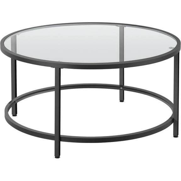 36" Round Glass Coffee Table, Black Circle Coffee Table Center Table with Glass Top, Small Coffee Table for Living Room