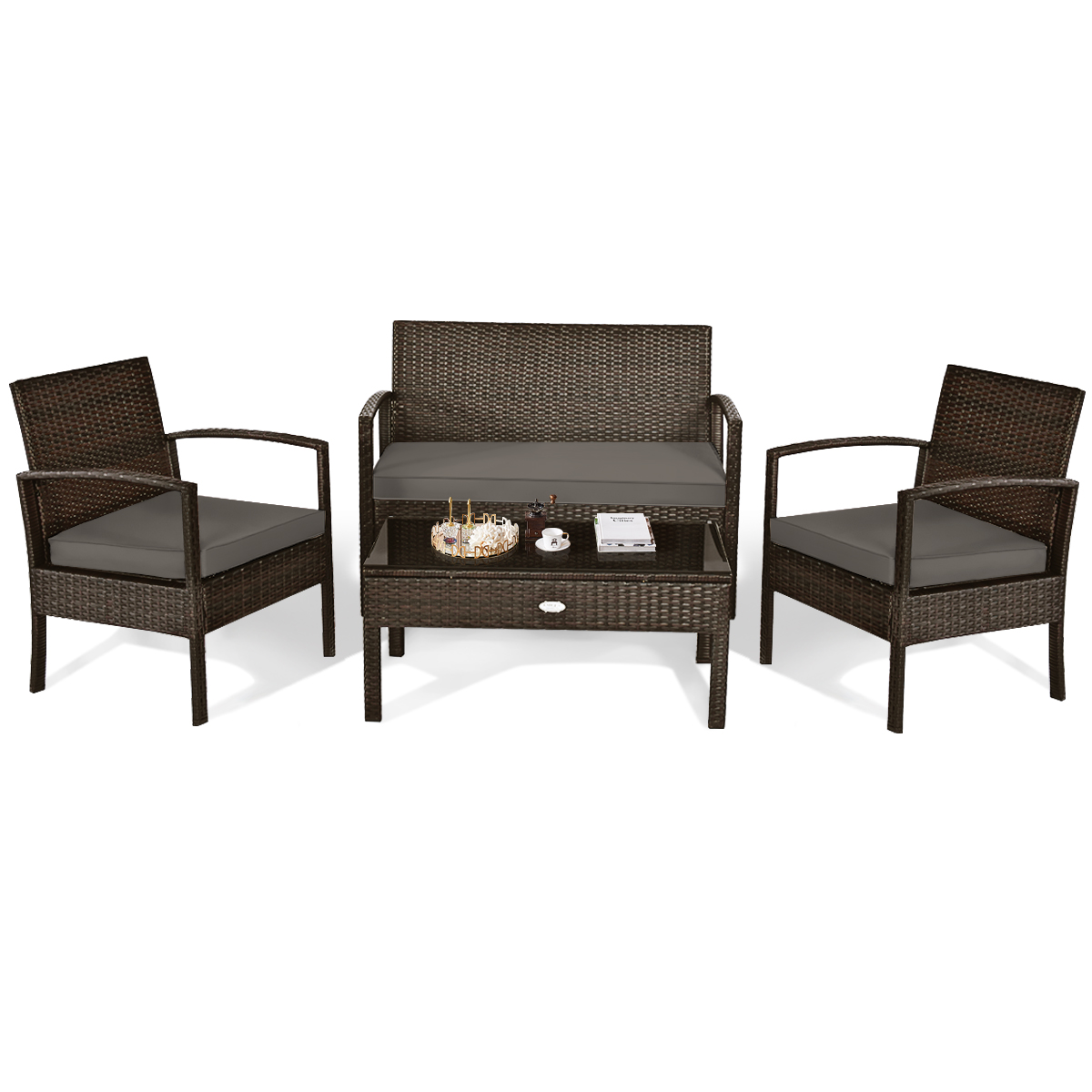 Patiojoy 4 Pieces Outdoor Patio Rattan Furniture Wicker Conversation Set Cushioned - image 5 of 5