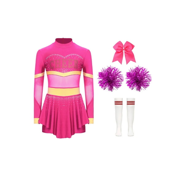 iiniim Kids Girls Cheer Leader Uniform Dance Long Sleeve Dress Leotard Dancewear Hot Pink B 6