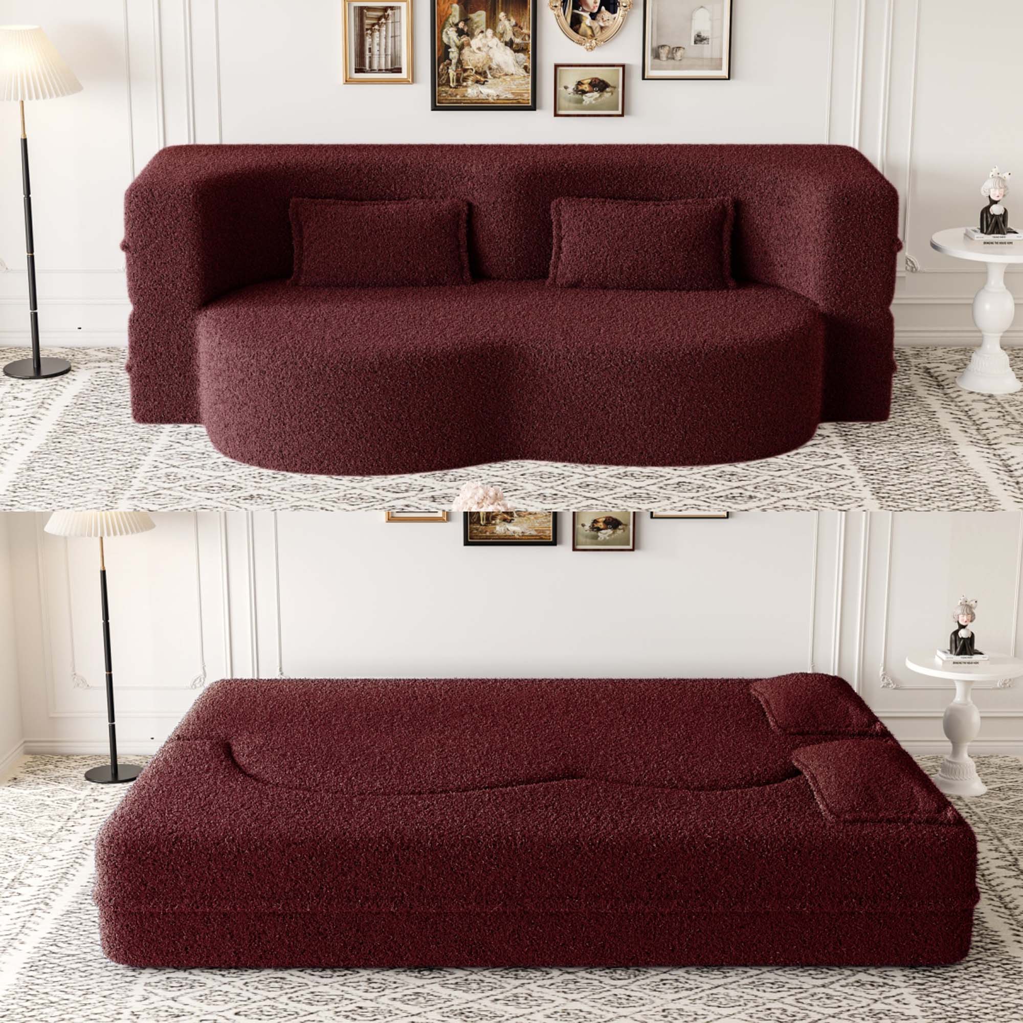Miniyam Floor Sofa with 2 Pillows,Convertible Teddy Fabric Foam-Filled Sleeper Sofa Bed for Living Room,Guest Bed, Burgundy