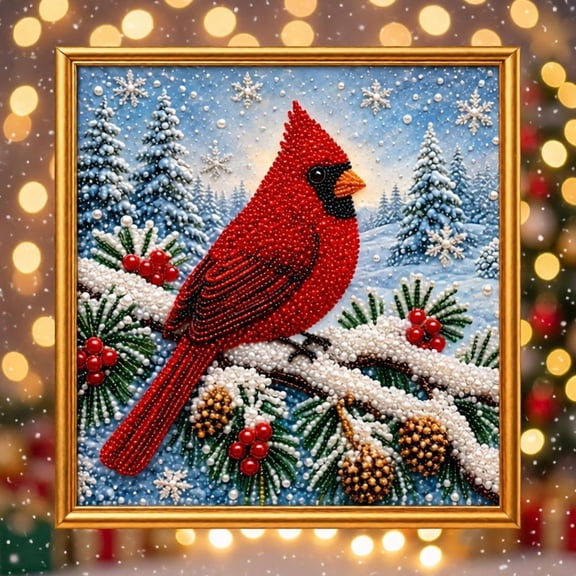 Framed Cardinal Bird Diamond Art Kit, DIY Crystal Bead Mosaic Painting, Snowy Winter Pine Branch With Berries Gem Picture, Christmas Holiday Wall Hanging Home Decoration Craft (A)