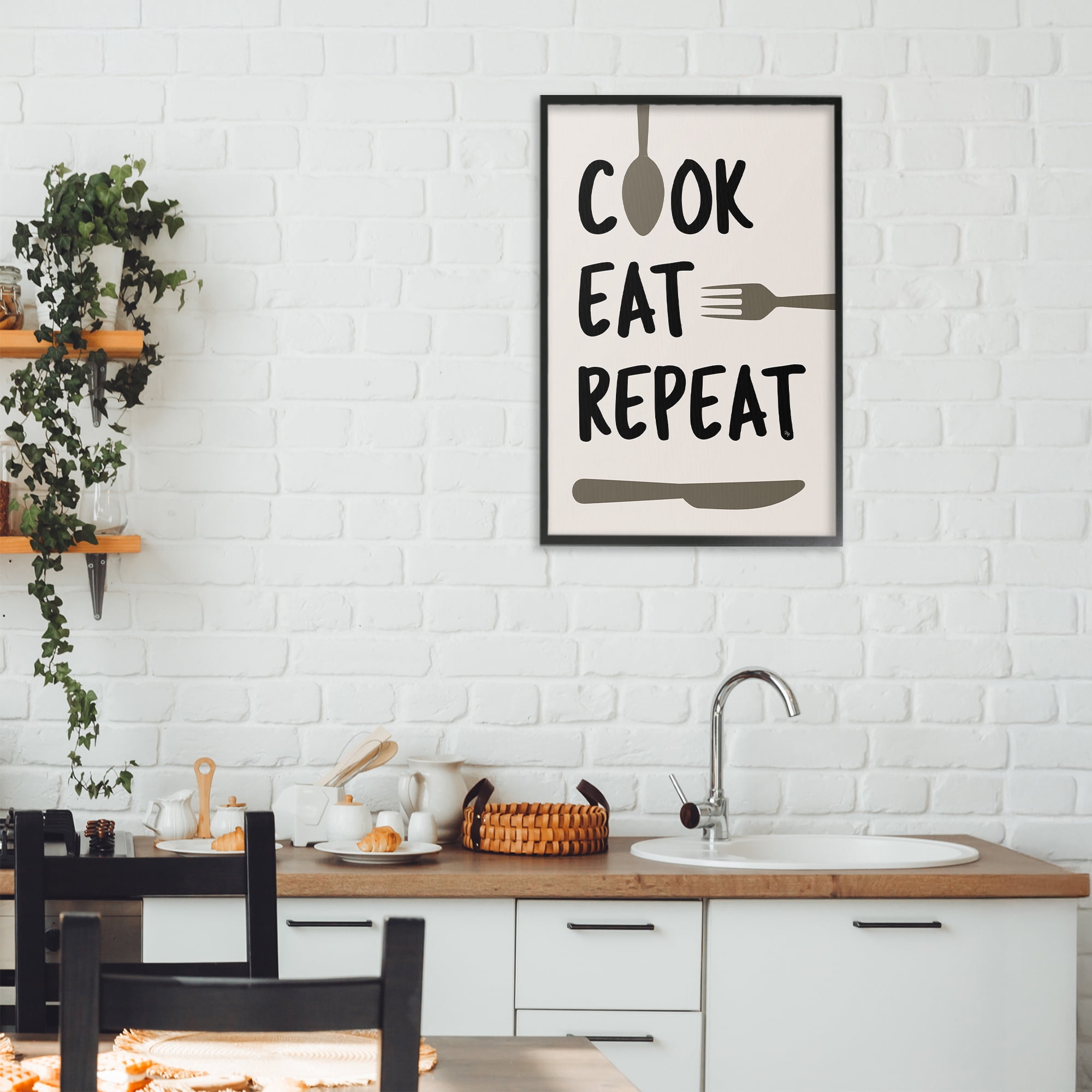Stupell Industries Cook Eat Repeat with Utensils Black Framed Giclee Art, design by Martina Pavlova