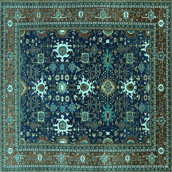 Ahgly Company Machine Washable Indoor Square Oriental Turquoise Blue Traditional Area Rugs, 7' Square