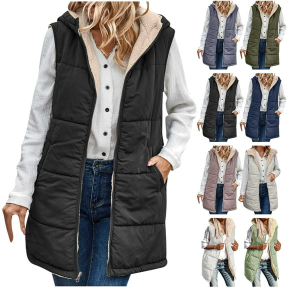 QATAINLAV Womens Long Vest Warm Reversible Winter Coats Sleeveless Fleece Jacket Casual Hooded Zipper Outwear with Pockets, Khaki, L