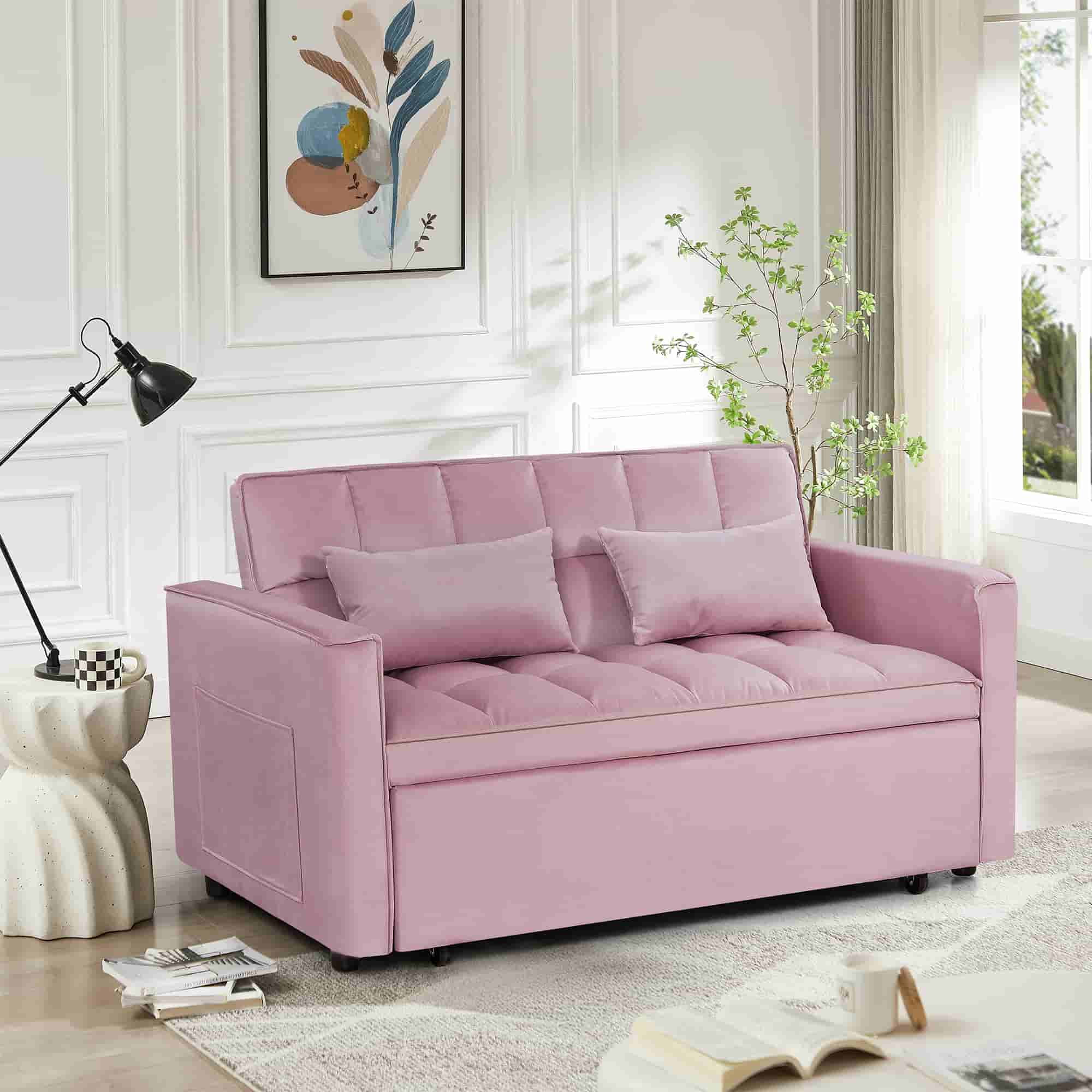 BSHTI 54-inch Pull-out Sleeper Sofa Bed, Velvet Upholstery, Solid Wood Frame, 3-Angle Adjustable Backrest, Storage Side Pocket, Twin-Size Bed, Pink