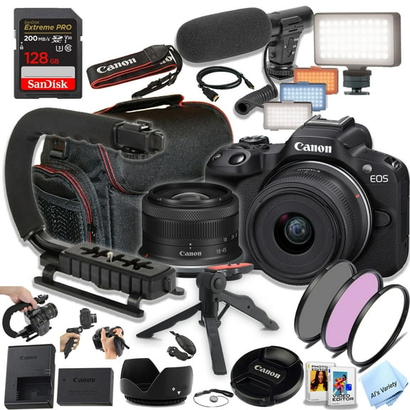 Canon EOS R50 Mirrorless Camera with 18-45mm Lens, 128GB Extreme SD Card and More (Vlogger Bundle) (International Version)