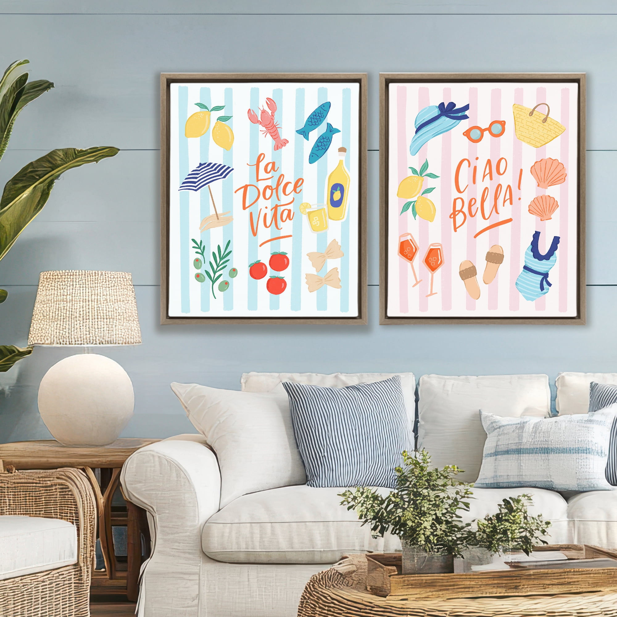 Stupell Industries Summer Italian Vacation 2 Piece Brown Framed Floater Canvas Set, design by Sandra Picco