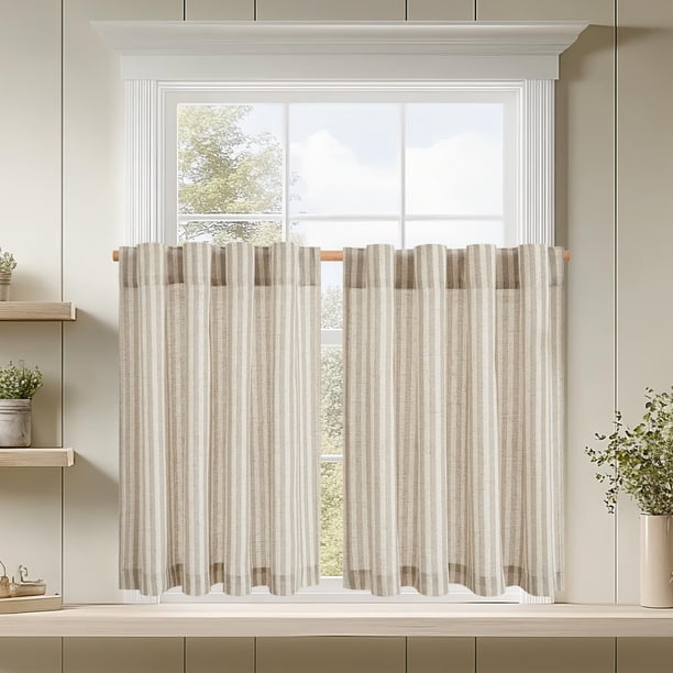 Cortinas Jinchan de lino a rayas para cocina, 36 cm, 2 paneles