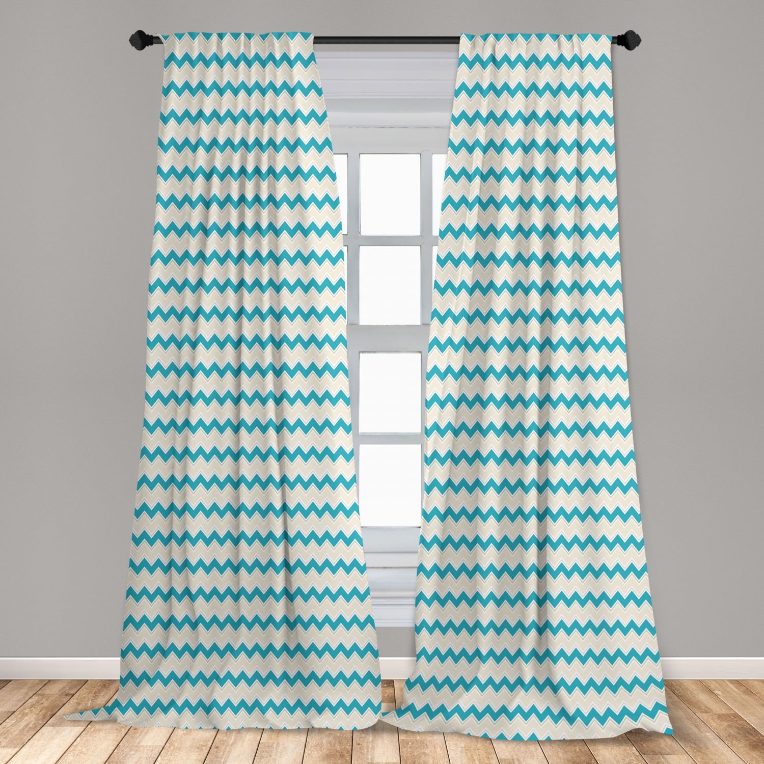 Teal Curtains 2 Panels Set, Horizontal Zigzag Lines Chevron Triangles
