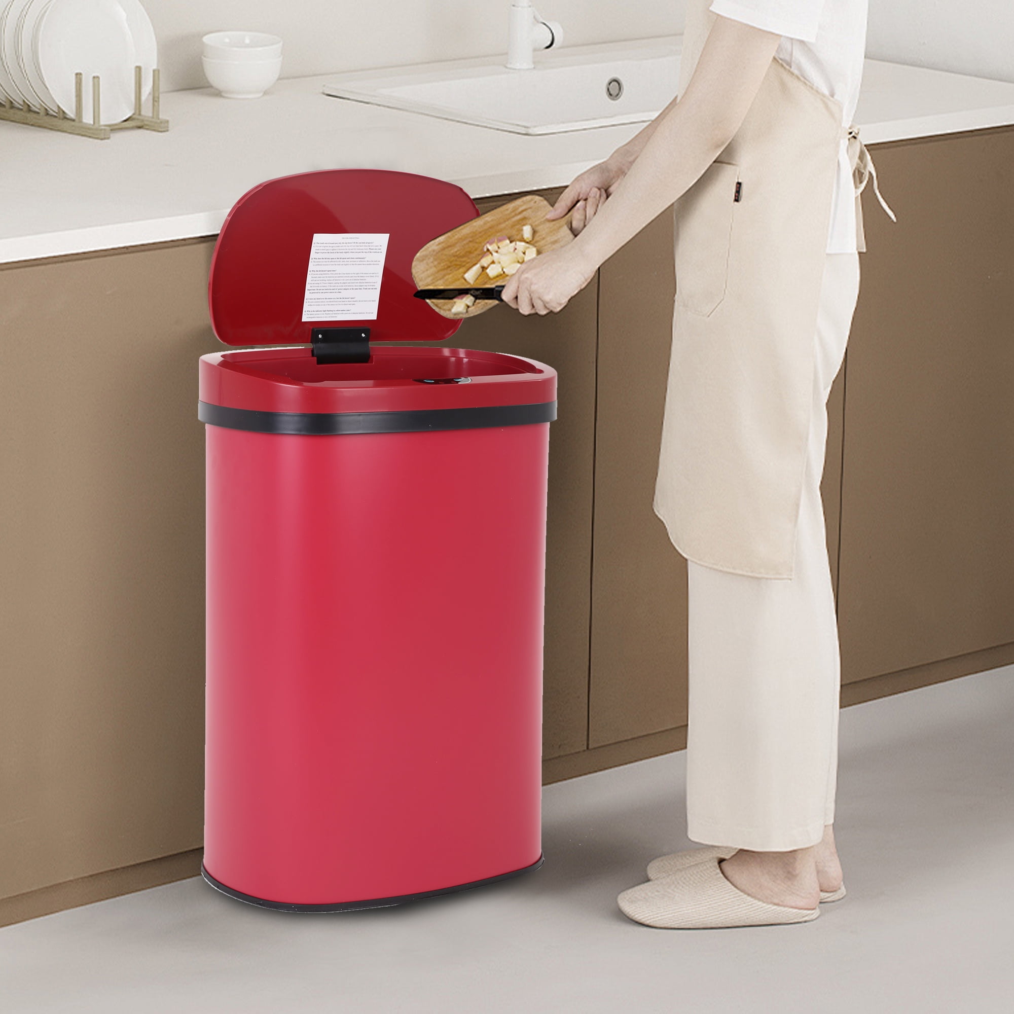 Touch Free Stainless Steel Trash Can 13 Gallon for Kitchen, Automatic Garbage Can with Lid Trash Bin for Bathroom Kitchen Wastebaskets for Bedroom Auto Open Trash Cans Motion Sensor, Red