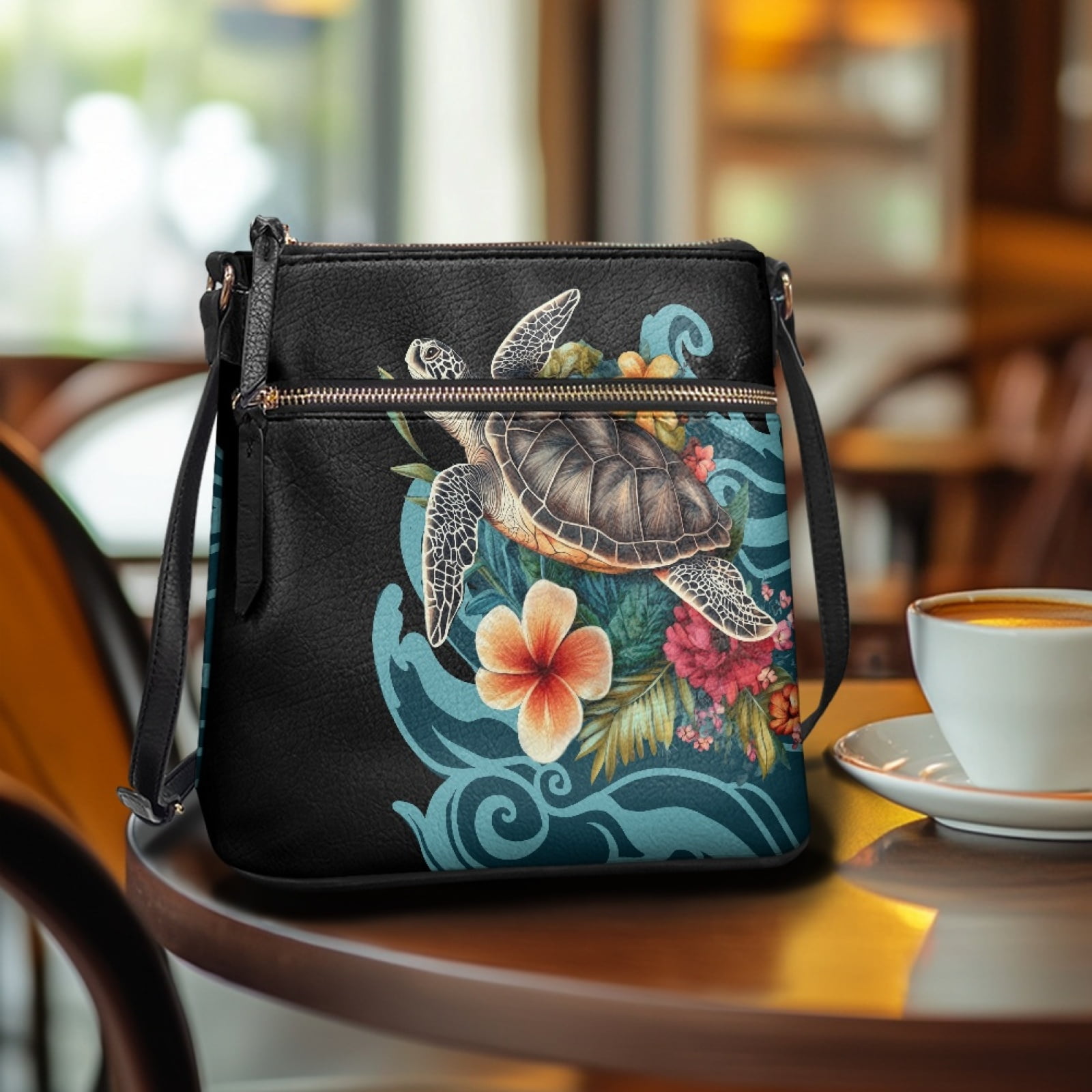 LedBack Sea Turtle Print Leather Purse for Women Crossbody Hobo Bag Satchel Purse with Adjustable Strap, Portable Shoulder Purse Messenger Bag with Multi Pockets, Black and Blue