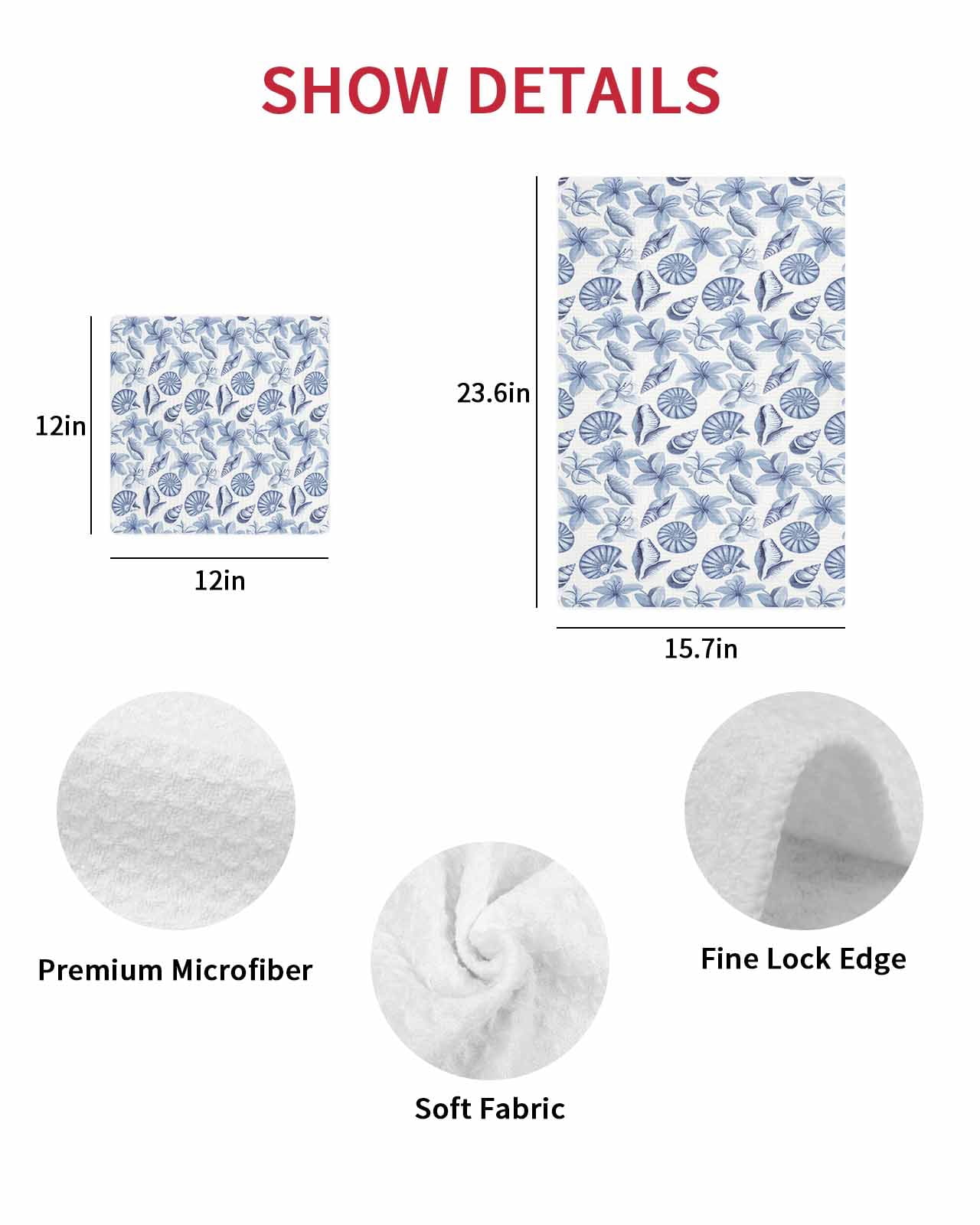 Blue Coastal Kitchen Dish Towels for Drying Dishes Set of 4, Shell Floral Ocean Retro Waffle Weave Microfiber Terry Hand Tea Bathroom Towels Quick Dry & Absorbent Towel 12x12