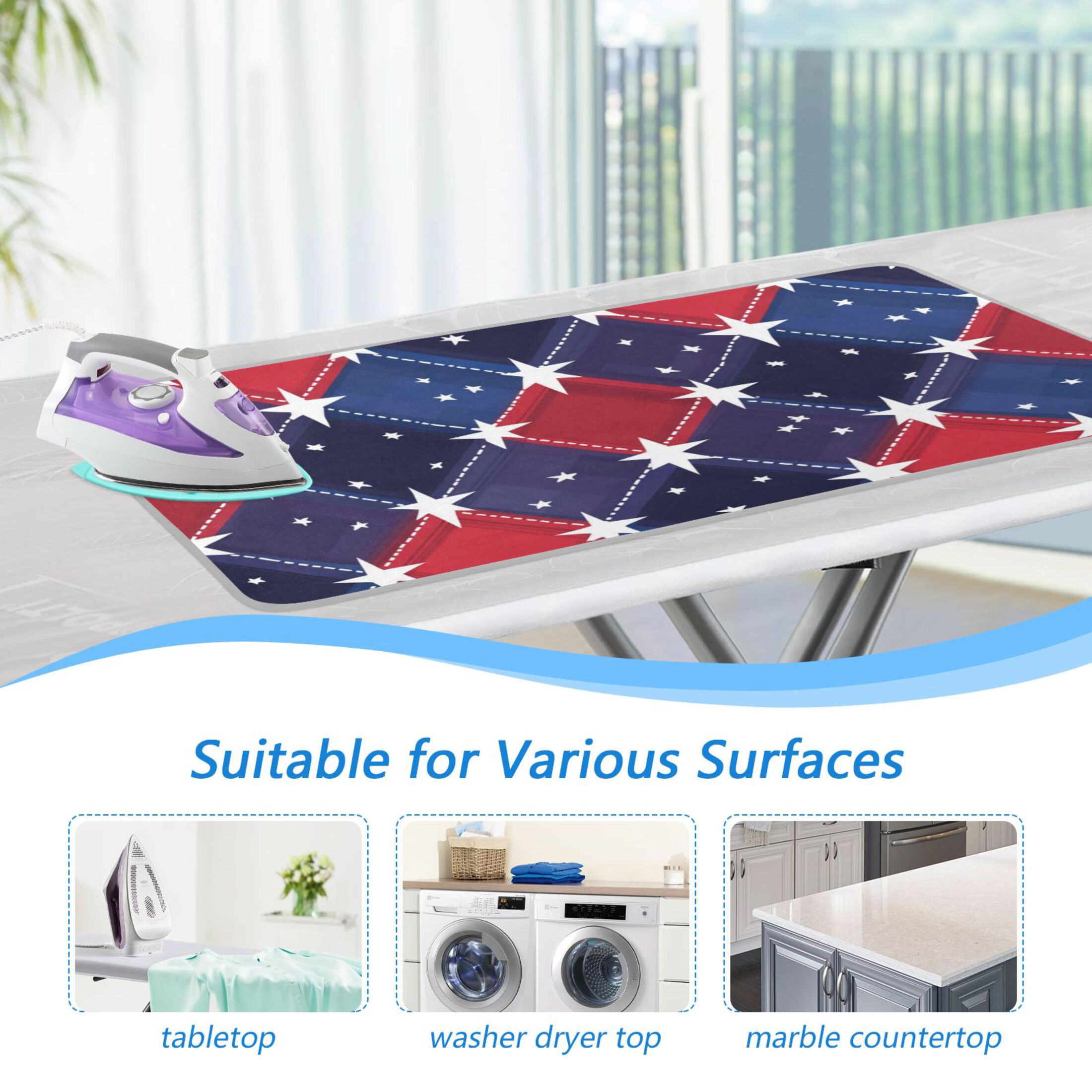 Red and Blue Plaids Stars Ironing Mat Blanket Portable Travel Ironing Pad Heat Resistant Pad 47.2" x 27.6”