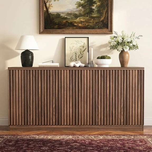 63" Fluted Buffet Sideboard Cabinet with Storage, Wooden 4-Door Sideboard with Adjustable Shelves, Coffee Bar Table for Kitchen, Living Room, Entryway, Walnut