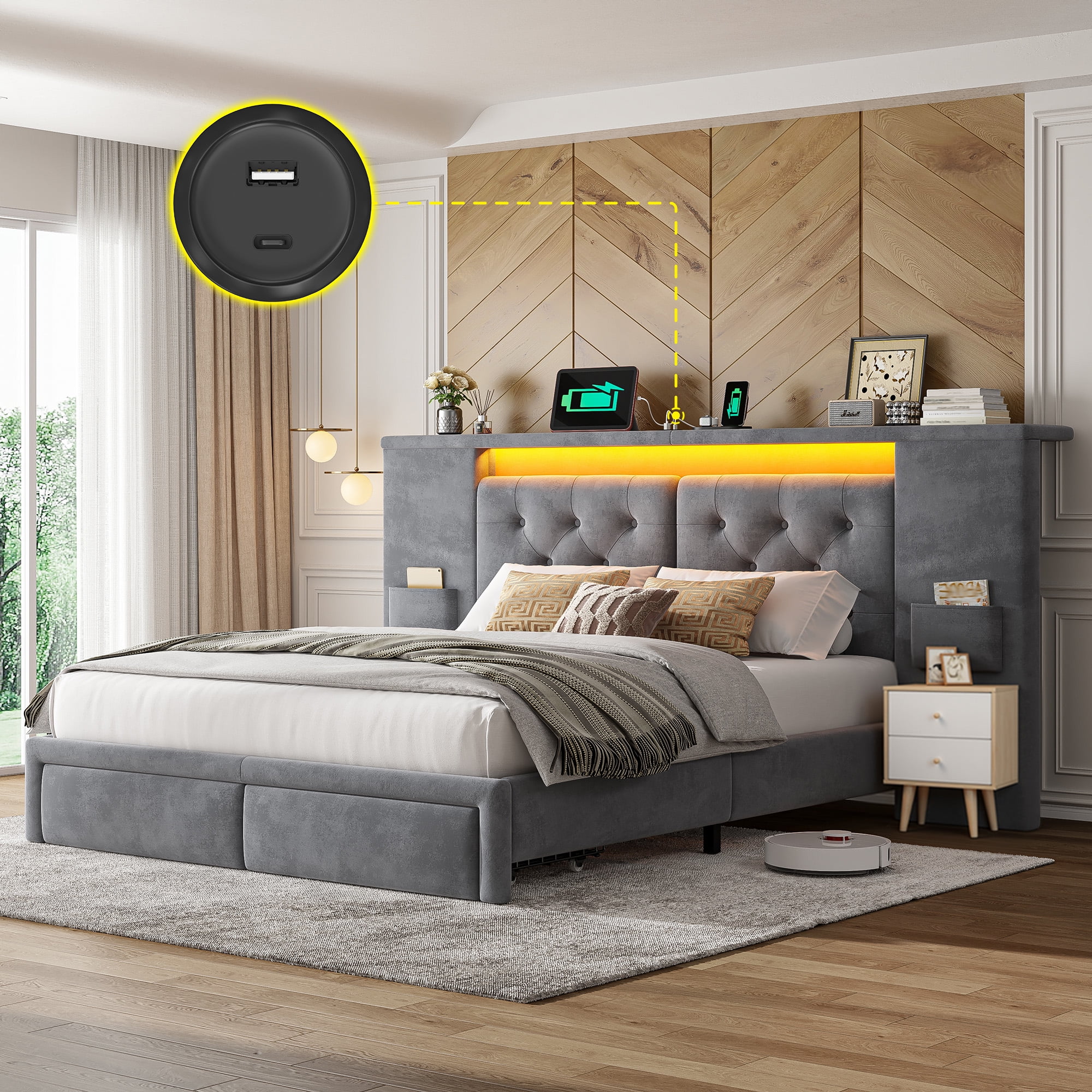 EnHomee Queen Size Bed Frame with 2 Storage Drawers and Widened Headboard Platform Bed Frame with LED Lights and Charging Station, No Box Spring,Gray