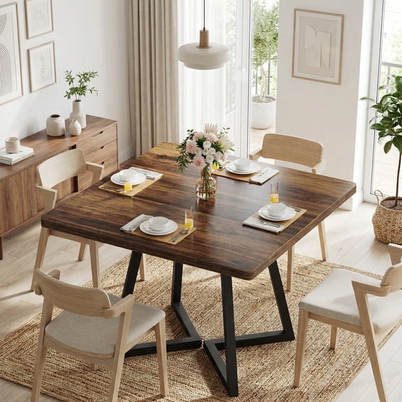 31.5 Inch Square Dining Table, Industrial Style Small Kitchen Table With Sturdy Metal Base, Space-Saving Dinner Table For 2-4 People, Brown Finish For Modern & Rustic Decor