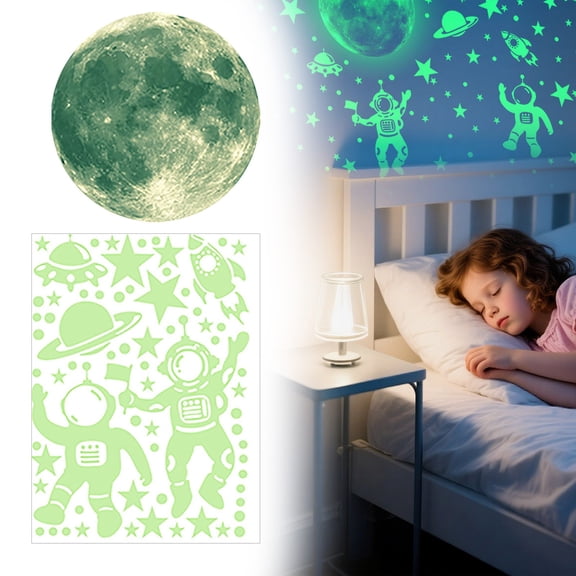 Miommo Glow in the Dark Solar System Wall Stickers, 2 Sheets Outer Space Decals with Astronaut & Rocket, Peel and Stick Decor for Boys Room Nursery Ceiling