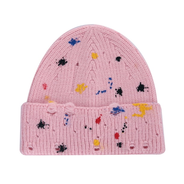 Gorro de punto con puños de invierno con diseño de arcoíris de salpicaduras de pintura de neón, gorro clásico y cálido para mujer adulta, talla única