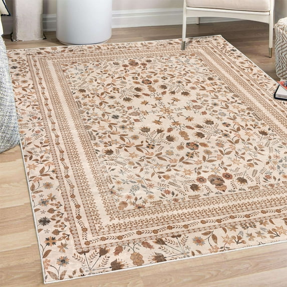 Floral Decorative Rug, Vintage Design Blooming Garden Petals and Botanical Summer Thrill Details, Quality Carpet for Bedroom Dorm and Living Room, 6 Sizes, Beige Champagne, by Ambesonne